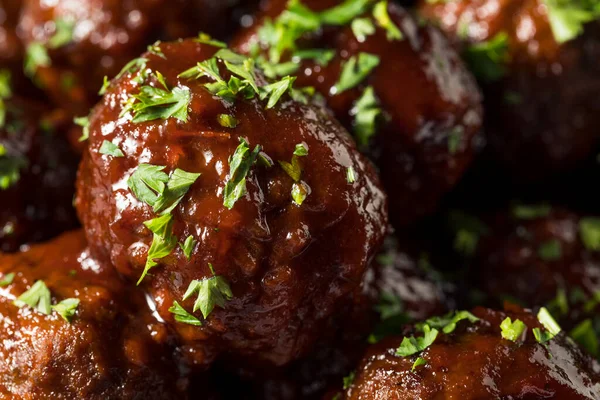 Barbecue Fatto Casa Crockpot Polpette Una Ciotola — Foto Stock