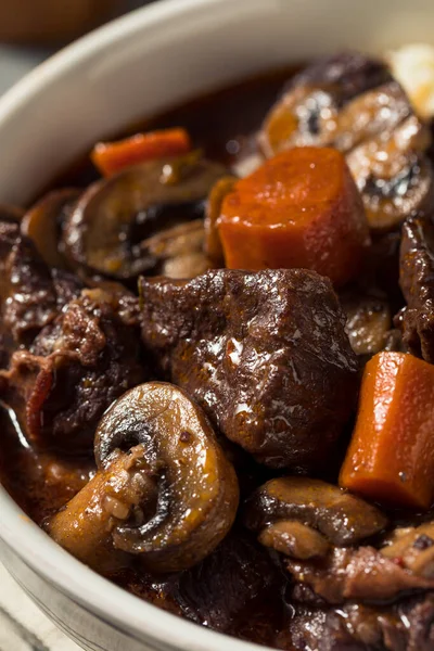 Carne Res Francesa Casera Bourguignon Guiso Con Puré Papas — Foto de Stock