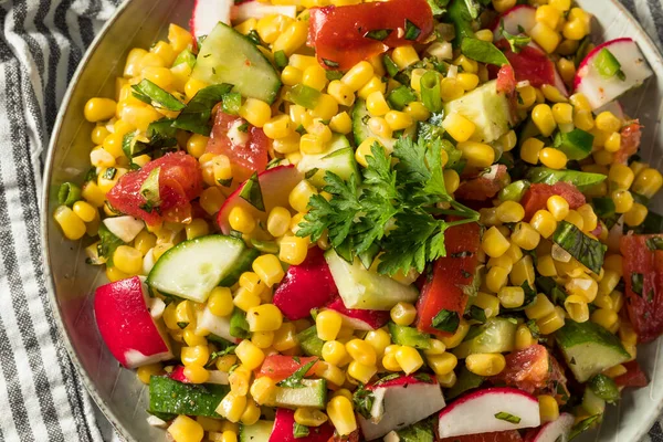 Ensalada Maíz Dulce Casera Saludable Con Tomate Pepino —  Fotos de Stock