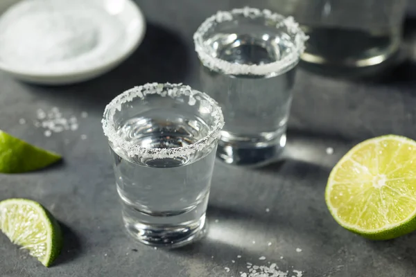 Boozy Cold Tequila Shots Lime Salt — Stock Photo, Image