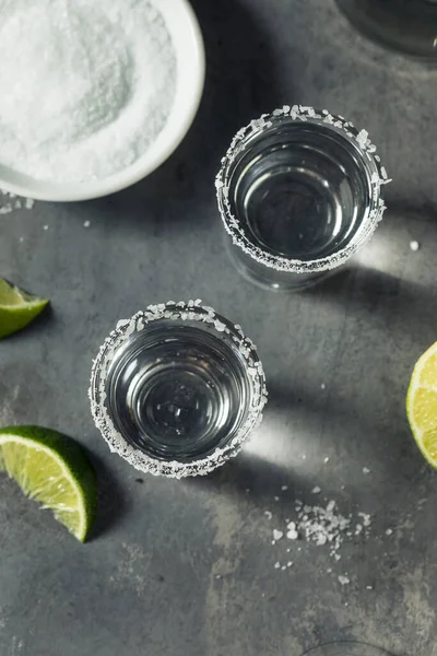 Boozy Cold Tequila Shots Lime Salt — Stock Photo, Image