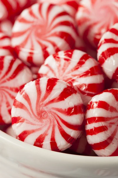 Süße rote und weiße Pfefferminzbonbons — Stockfoto