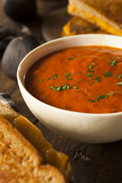 Zelfgemaakte tomatensoep met gegrilde kaas — Stockfoto