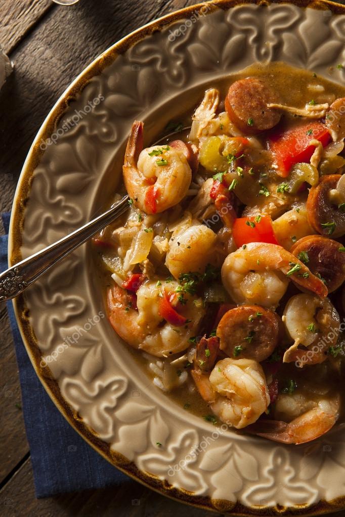 Homemade Shrimp and Sausage Cajun Gumbo — Stock Photo © bhofack2 64009561