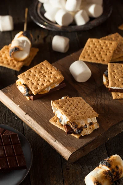 S 'mores caseros pegajosos con chocolate —  Fotos de Stock