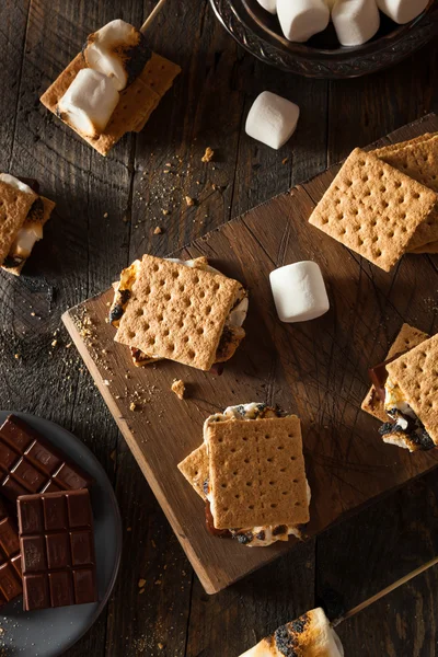 S 'mores caseros pegajosos con chocolate —  Fotos de Stock