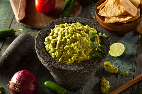 Homemade Fresh Guacamole and Chips — Stock Photo, Image
