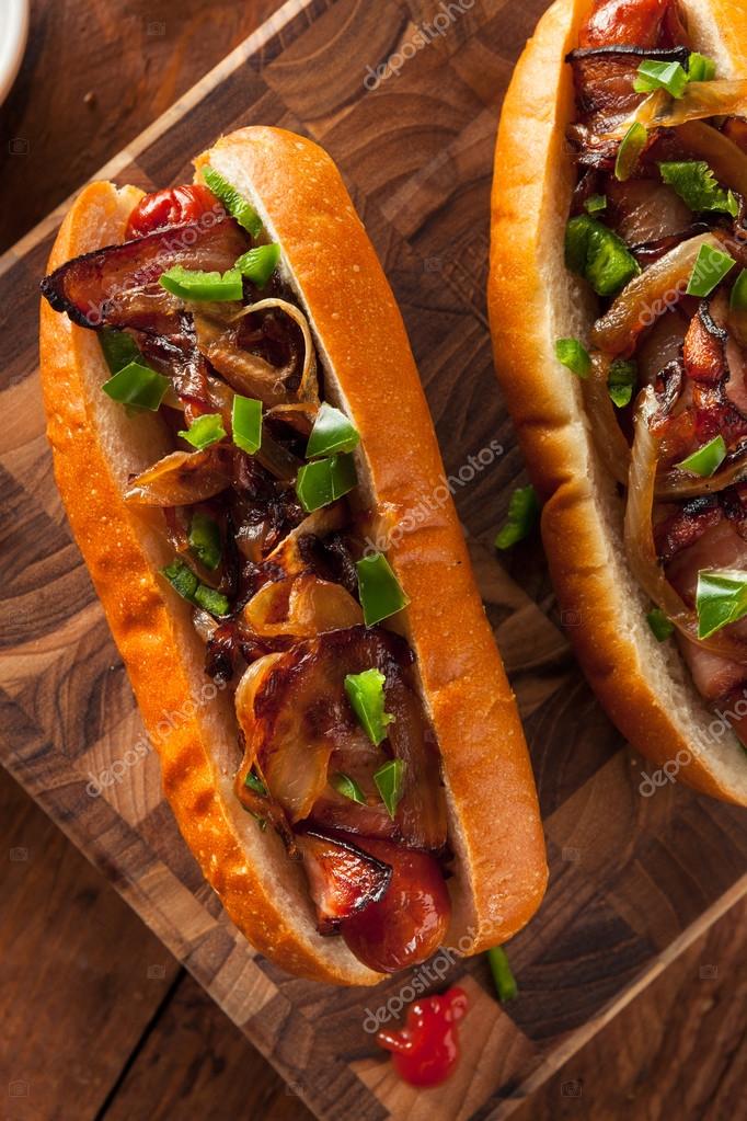 Homemade Bacon Wrapped Hot Dogs — Stock Photo © bhofack2 80714892
