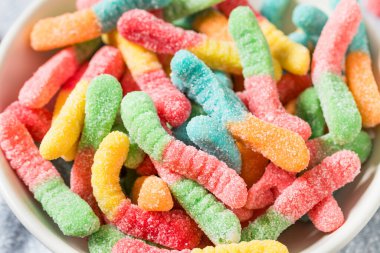 Sweet Sugary Sour Gummy Worms Ready to Eat in a Bowl
