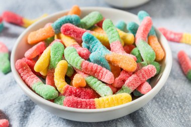 Sweet Sugary Sour Gummy Worms Ready to Eat in a Bowl