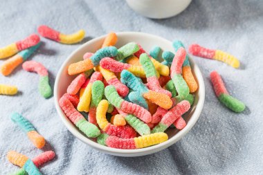 Sweet Sugary Sour Gummy Worms Ready to Eat in a Bowl
