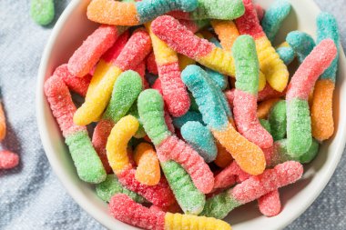 Sweet Sugary Sour Gummy Worms Ready to Eat in a Bowl