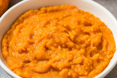 Raw Organic Cooked Pumpkin Puree in a Bowl