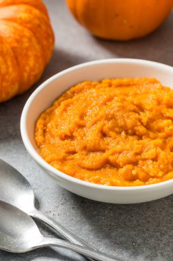 Raw Organic Cooked Pumpkin Puree in a Bowl