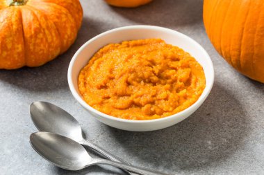 Raw Organic Cooked Pumpkin Puree in a Bowl
