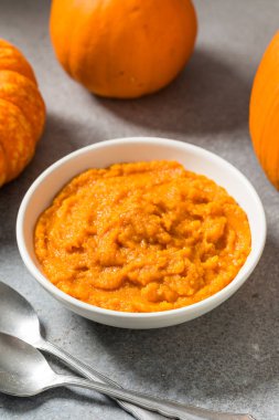 Raw Organic Cooked Pumpkin Puree in a Bowl