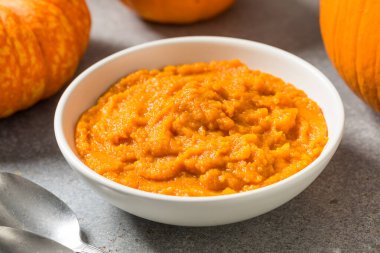 Raw Organic Cooked Pumpkin Puree in a Bowl