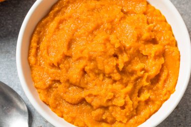 Raw Organic Cooked Pumpkin Puree in a Bowl
