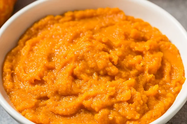 Raw Organic Cooked Pumpkin Puree in a Bowl
