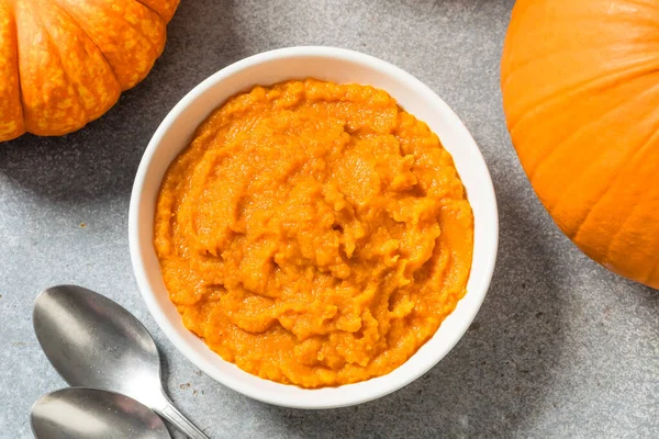 Raw Organic Cooked Pumpkin Puree in a Bowl