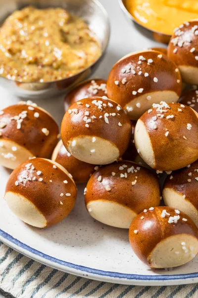 Salty Homemade Soft Pretzel Bites with Mustard and Cheese