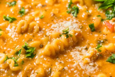 Domates Basili ve peynirli ev yapımı lazanya çorbası.