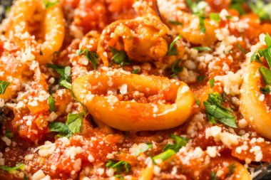 Domates soslu ve kalamarlı ev yapımı İtalyan kalamar mürekkep balığı makarnası.