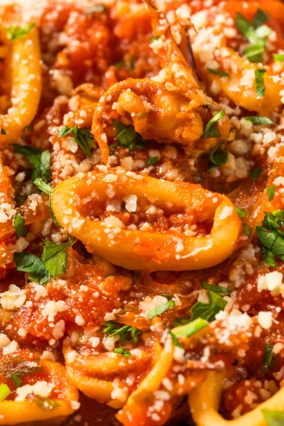 Domates soslu ve kalamarlı ev yapımı İtalyan kalamar mürekkep balığı makarnası.