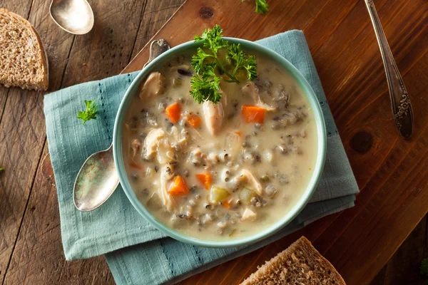 Arroz selvagem caseiro e sopa de frango — Fotografia de Stock