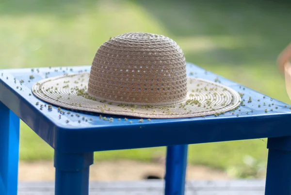 Chapéu de palha na mesa de plástico — Fotografia de Stock