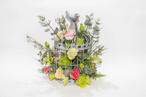 Beyaz arka planda kuş kafesinde çiçekler