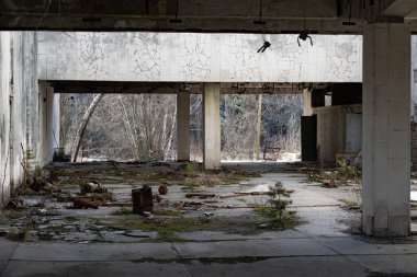 Çernobil 'in Pripyat şehrinde terk edilmiş bir dükkan.