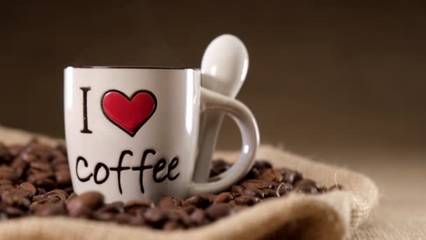 Ich Liebe Kaffee Tasse Mit Heißem Dampfenden Kaffeearoma — Stockvideo