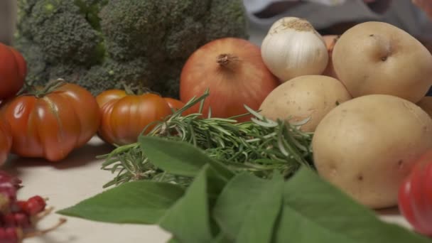 Woman Hands Cutting Zucchini Vegetables Preparing Meal Home Kitchen Mediterranean — Vídeo de Stock