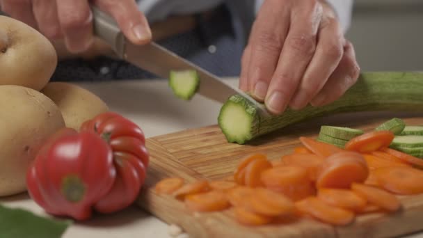 Woman Preparing Mediterranean Food Cutting Zucchini Vegetables Vegan Vegetarian Diet — Vídeo de Stock