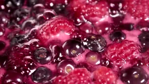 Cooking Berries Pan Pie Blueberries Raspberries Preparing Milkshake Ice Cream — Stock Video