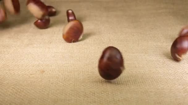 栗子在黄麻帆布背景 秋季典型的地中海食物 — 图库视频影像