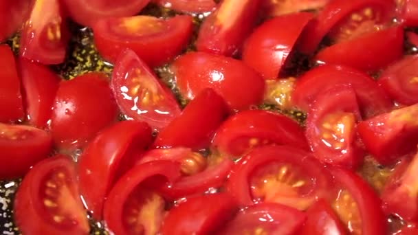 Cooking Tomatoes Oil Pan Healthy Vegetarian Vegan Organic Food Close — Vídeo de Stock