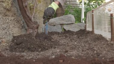 Farmer using shovel preparing the ground, hoeing farming the soil for organic agriculture cultivation, home garden