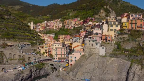 Manarola Luftaufnahme Cinque Terre Einem Berühmten Wahrzeichen Ligurien Italien Reiseziel — Stockvideo