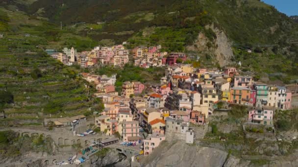 Manarola Luftaufnahme Cinque Terre Einem Berühmten Wahrzeichen Ligurien Italien Reiseziel — Stockvideo