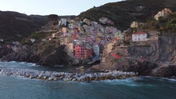 Riomaggiore Luchtfoto Cinque Terre Een Beroemd Oriëntatiepunt Liguria Italië Reisbestemming — Stockvideo