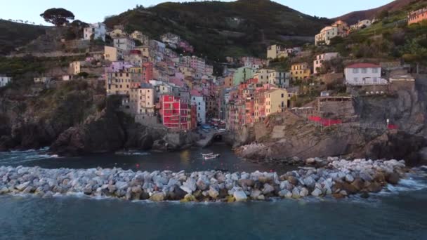 Riomaggiore Flygfoto Cinque Terre Ett Känt Landmärke Ligurien Italien Turistmål — Stockvideo