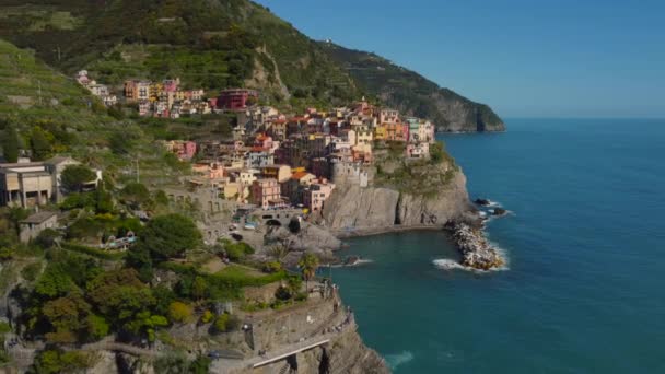 Manarola Luftaufnahme Cinque Terre Einem Berühmten Wahrzeichen Ligurien Italien Reiseziel — Stockvideo