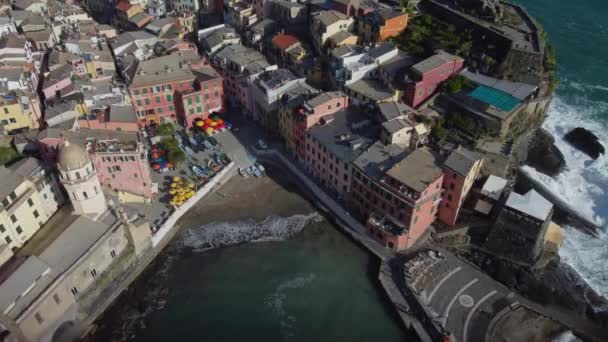 Воздушный Вид Вернадцу Чинкве Терре Летом Знаменитую Достопримечательность Фалурии Италия — стоковое видео
