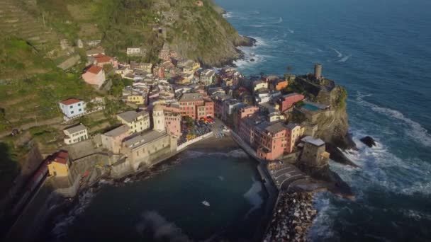 Vernazza Luchtfoto Cinque Terre Zomer Een Beroemde Bezienswaardigheid Ligurië Italië — Stockvideo