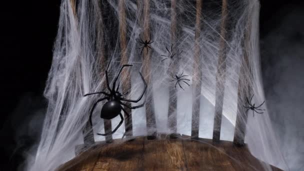 Cadılar Bayramı Korku Sandalyesi Örümcek Ağı Karanlıkta Sis Dumanı — Stok video
