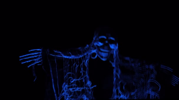 Halloween Spooky Skull Flashing Blue Light Skeleton Appearing Darkness Horror — Stock Video