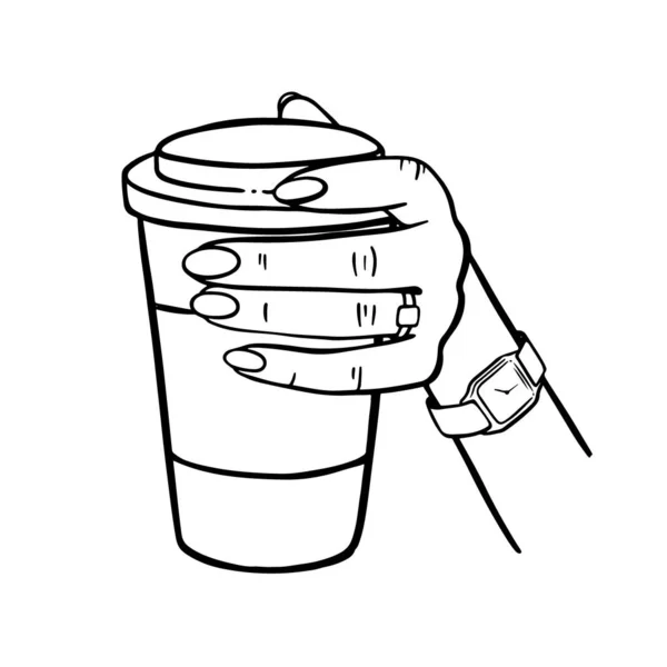 Girl Holding Cup Coffee Monochrome Vector Illustratie — Stockvector