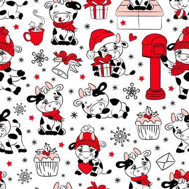 BULL CHRISTMAS 2021 Beyaz Kusursuz Desen Vektör İllüstrasyonu